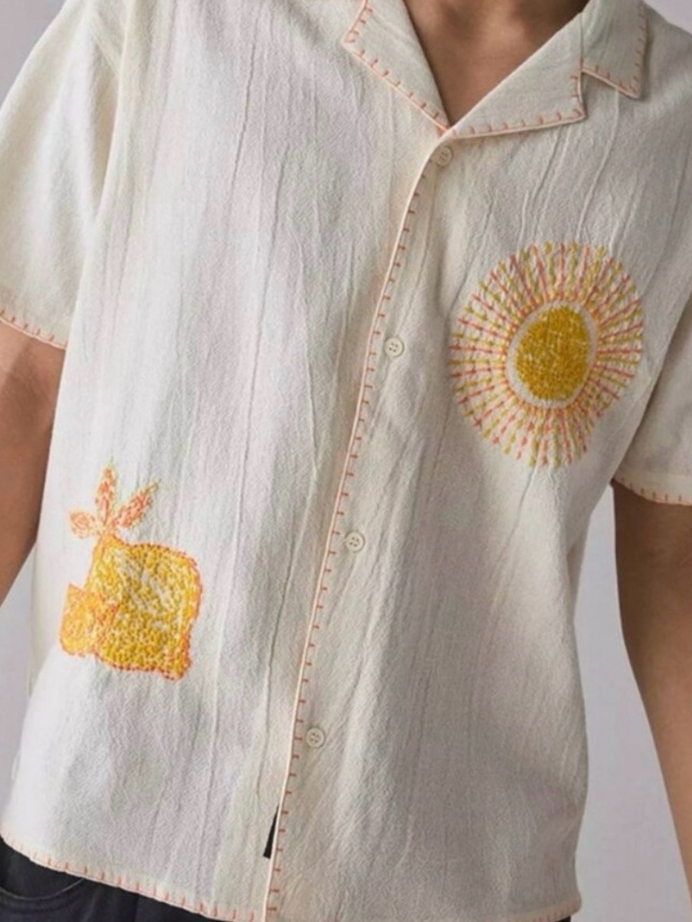 Cream Short-Sleeve Embroidered Camp Shirt - Sun Motif